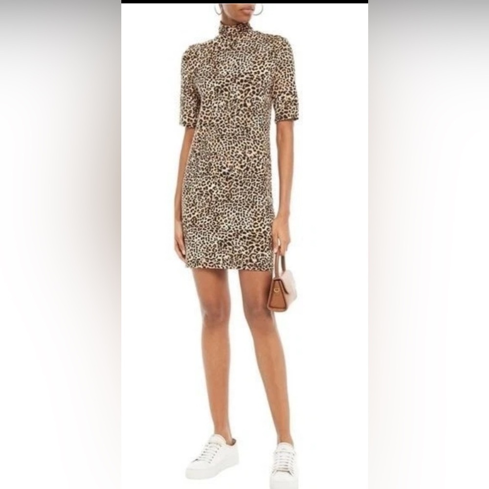 Enza Costa || Leopard-Print Stretch Jersey Turtleneck Mini Dress Tan XS